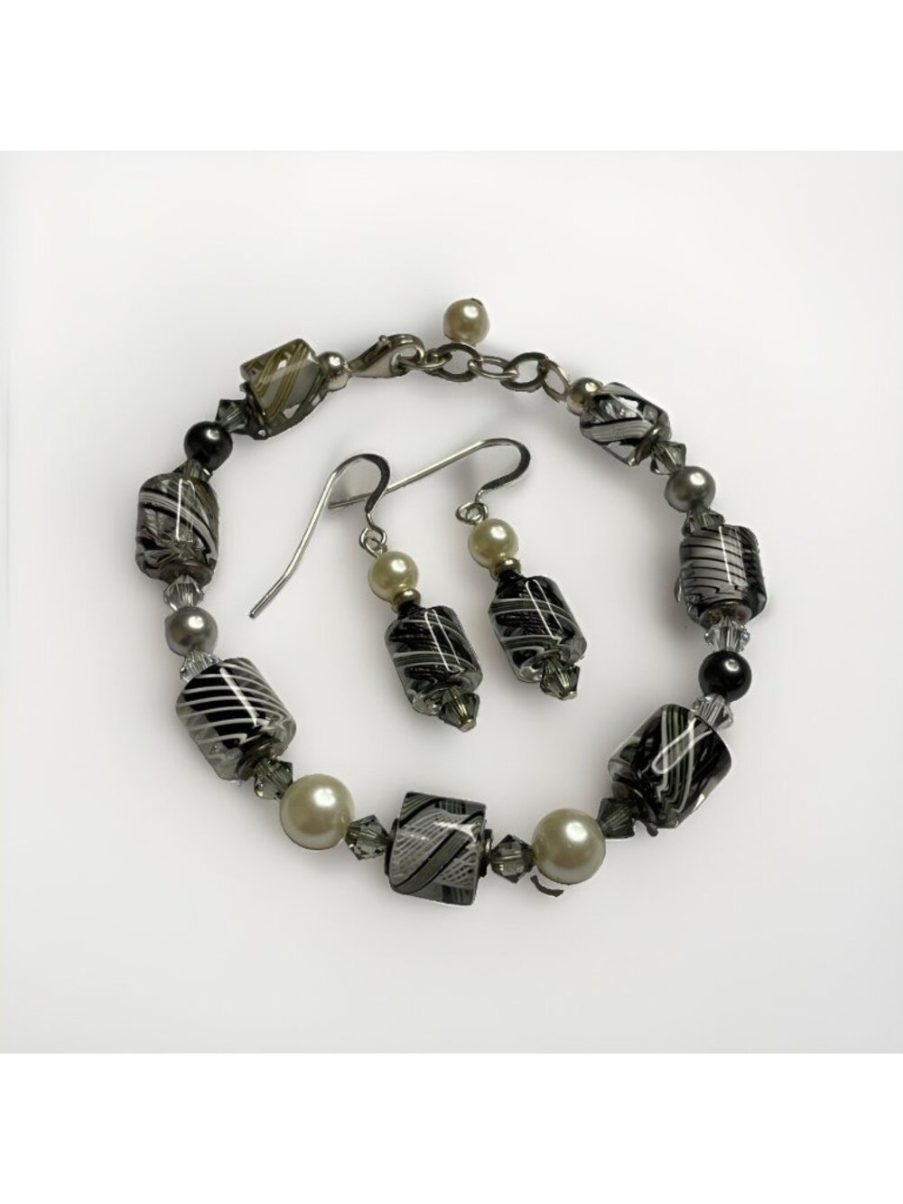 Black White Clear Art Glass Beaded 925 Sterling Silver Bracelet Earrings Set